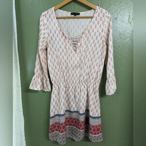 Sanctuary Boho mini dress, cream, red, flowy fit women's size small A9